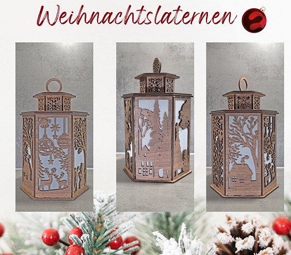Walnussweihnachtslaternen mit verschiedenen Ornamenten